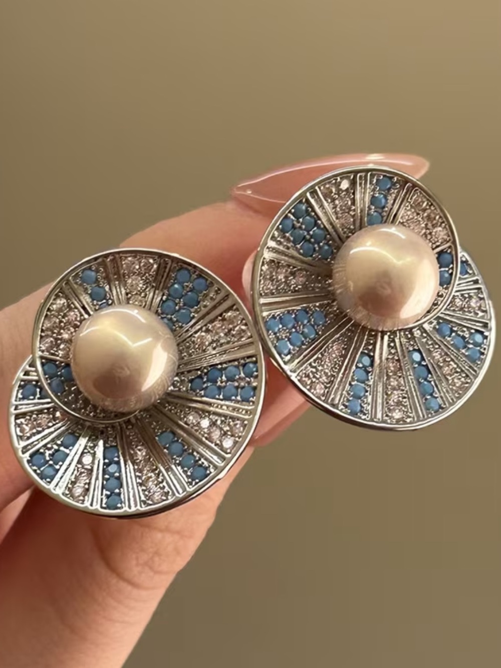 Pearl Center Blue Crystal Sunburst Earrings - Women Jewelry